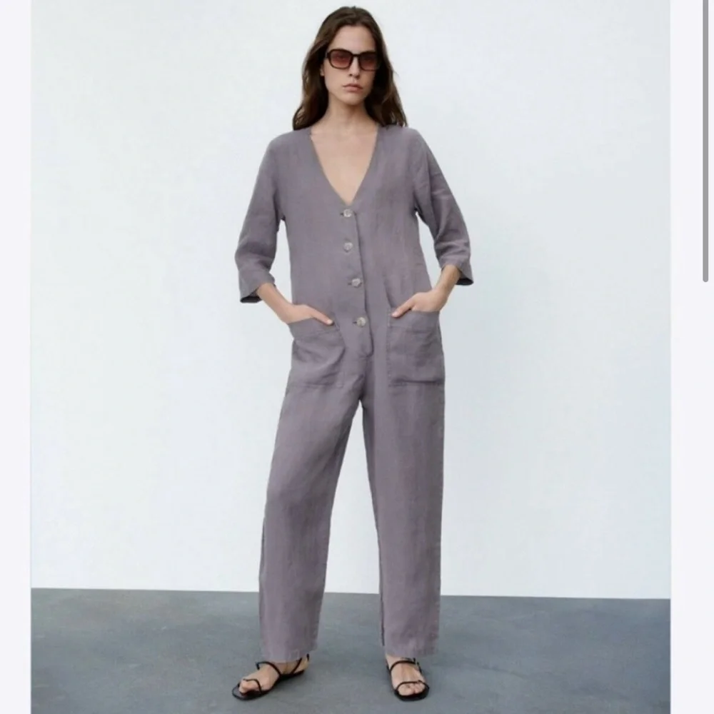 ZARA NEW The Lillian Gray 100% Linen ButtonFront Jumpsuit Small